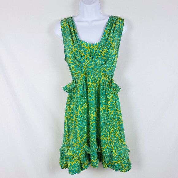 Nanette Lepore Silk Mini Dress Y2K Womens 8 Green Ruffles Garden Party Fairy - Picture 1 of 12